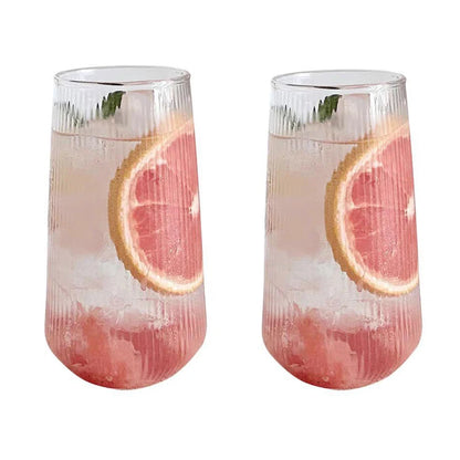 Two 500ml clear glass cups with simple stripe design, suitable for wine, coffee, water, whiskey, beer, cocktails, and milk.