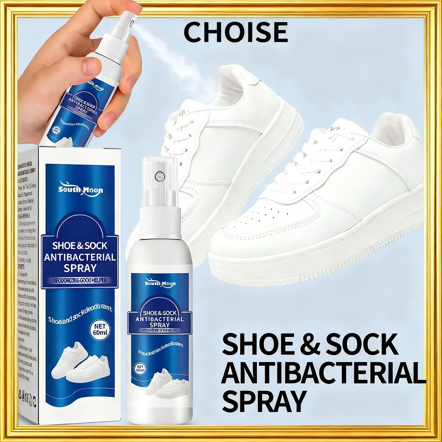 Two 60ml bottles of BackupMyFilesNow.com antibacterial shoe odor spray with spray nozzles, designed to freshen shoes and socks.