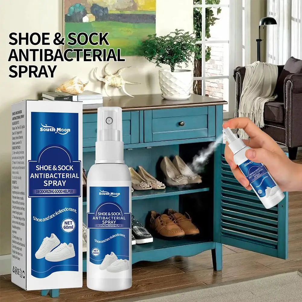 Two 60ml antibacterial shoe and foot odor spray bottles for freshening shoes, socks, and controlling foot odor.