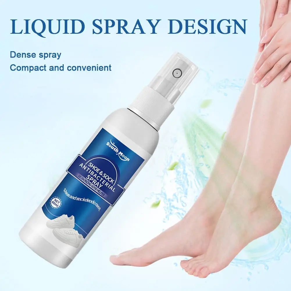 Two 60ml antibacterial shoe and foot odor spray bottles with spray nozzles for freshening shoes, socks, and controlling foot odor.