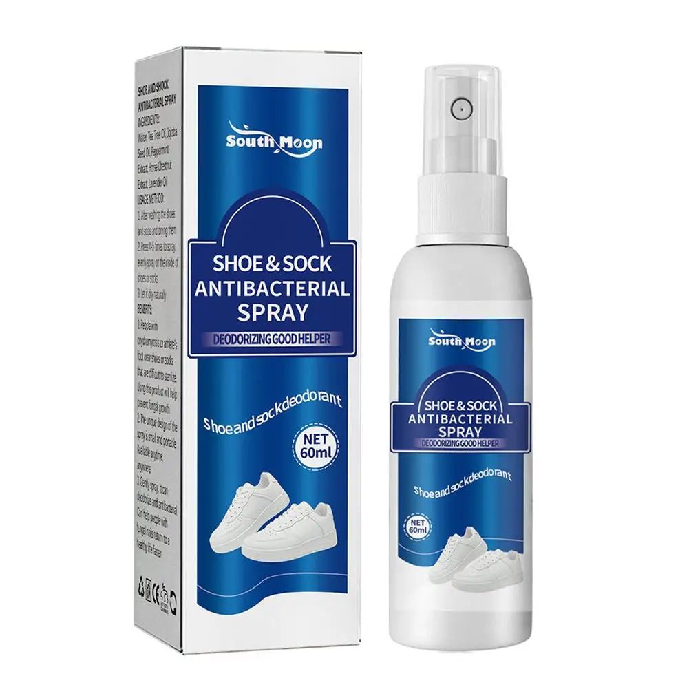 Two 60ml bottles of BackupMyFilesNow.com antibacterial shoe spray for eliminating foot and shoe odor, freshening socks.