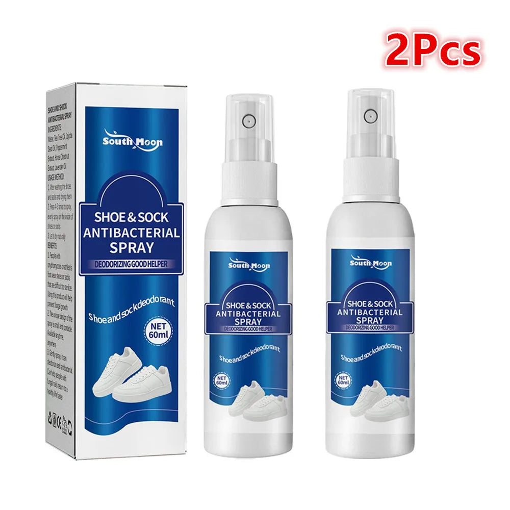 Two 60ml bottles of BackupMyFilesNow.com antibacterial shoe odor spray, designed to freshen shoes, socks, and combat foot odor.