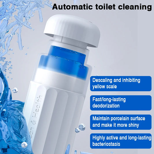 Two BackupMyFilesNow.com automatic toilet cleaners with liquid formula, strong descaling, fresh fragrance, deodorization, and stain removal.