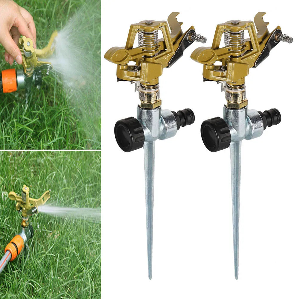Two green garden sprinklers with 360° rotation for lawn, farm, greenhouse watering, and automatic irrigation system.