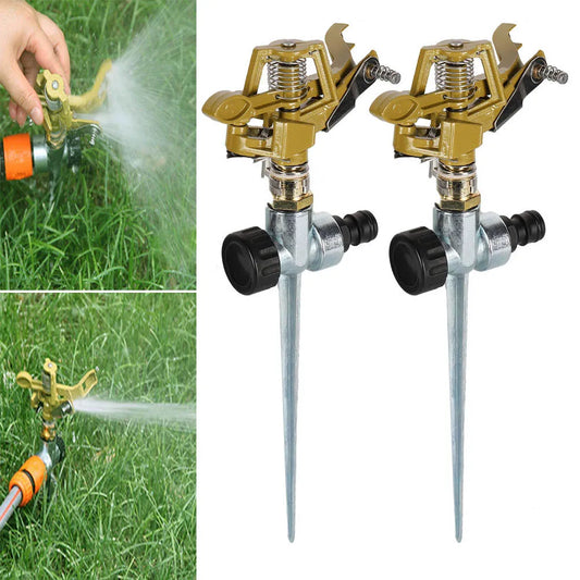 Two green garden sprinklers with 360° rotation for lawn, farm, greenhouse watering, and automatic irrigation system.