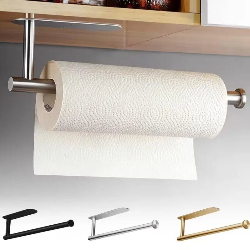 Stainless steel self-adhesive toilet paper and towel holder with wall mount for kitchen or bathroom storage, punch-free installation.