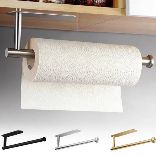 Stainless steel self-adhesive toilet paper and towel holder with wall mount for kitchen or bathroom storage, punch-free installation.
