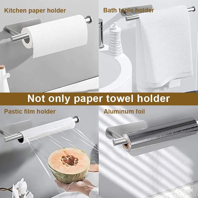 Stainless steel self-adhesive toilet paper and towel holder mounted on wall, kitchen hook storage by BACKUPMYFILESNOW.COM®.