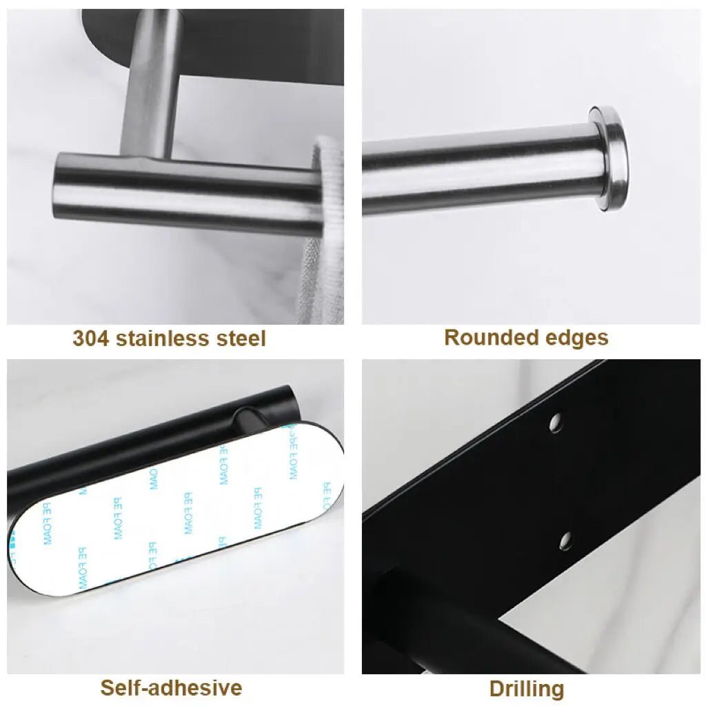 Stainless steel self-adhesive toilet paper and towel holder with wall mount, punch-free design for kitchen or bathroom storage.