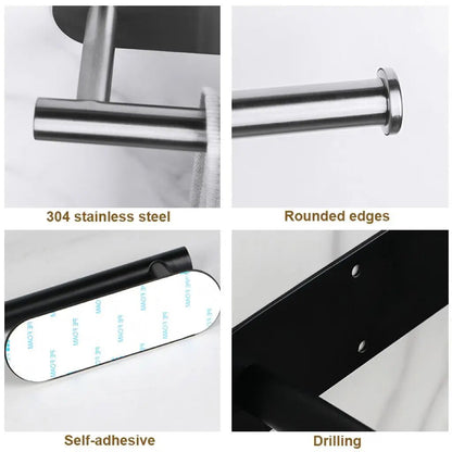 Stainless steel self-adhesive toilet paper and towel holder with wall mount, punch-free design for kitchen or bathroom storage.