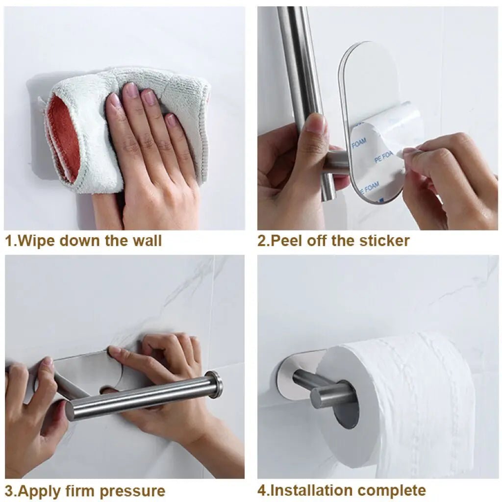 Stainless steel self-adhesive toilet paper and towel holder, wall-mounted kitchen hook for roll paper storage, no punch needed.