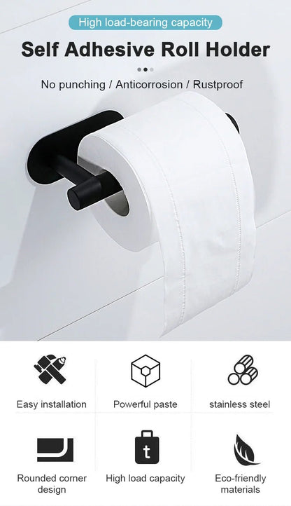 Two stainless steel self-adhesive toilet paper and towel holders, wall-mounted kitchen hooks for roll paper storage.