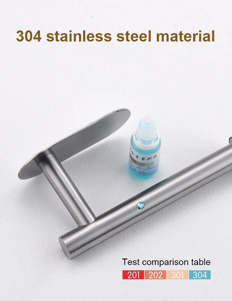 Stainless steel self-adhesive toilet paper and towel holder with wall mount, punch-free design for kitchen or bathroom storage.