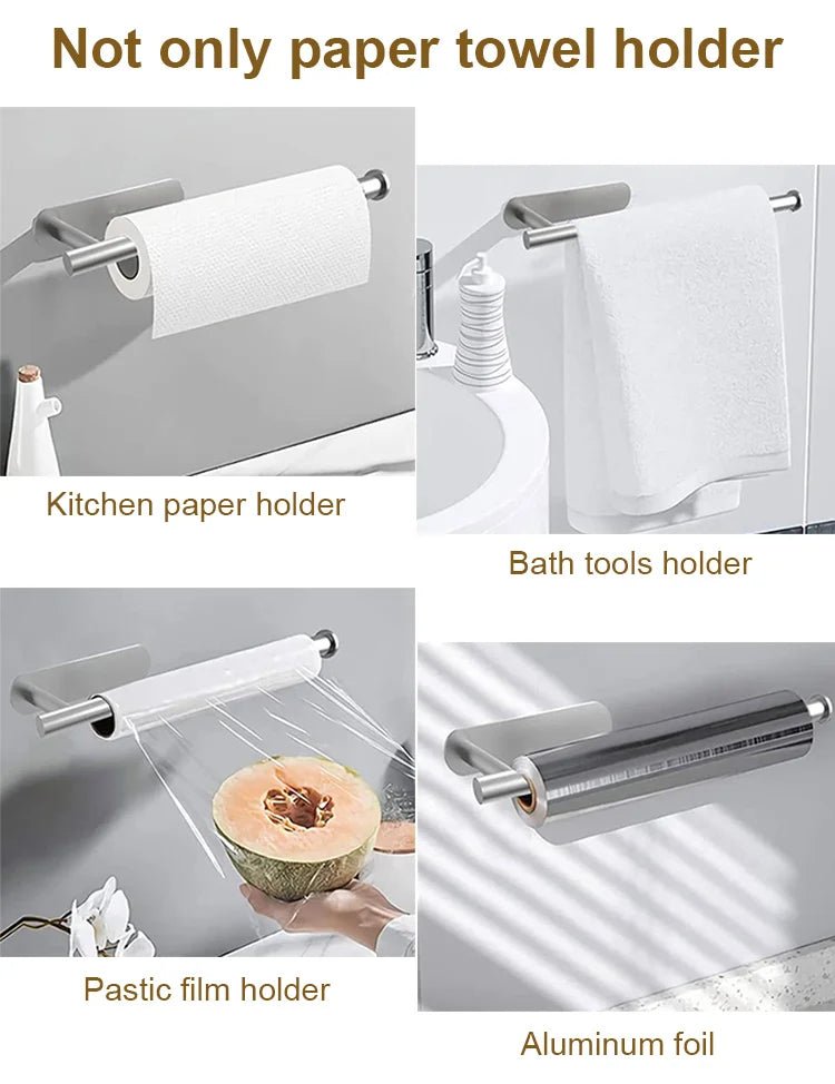 Stainless steel self-adhesive toilet paper and towel holder, wall-mount kitchen hook for roll paper storage, no punch required.