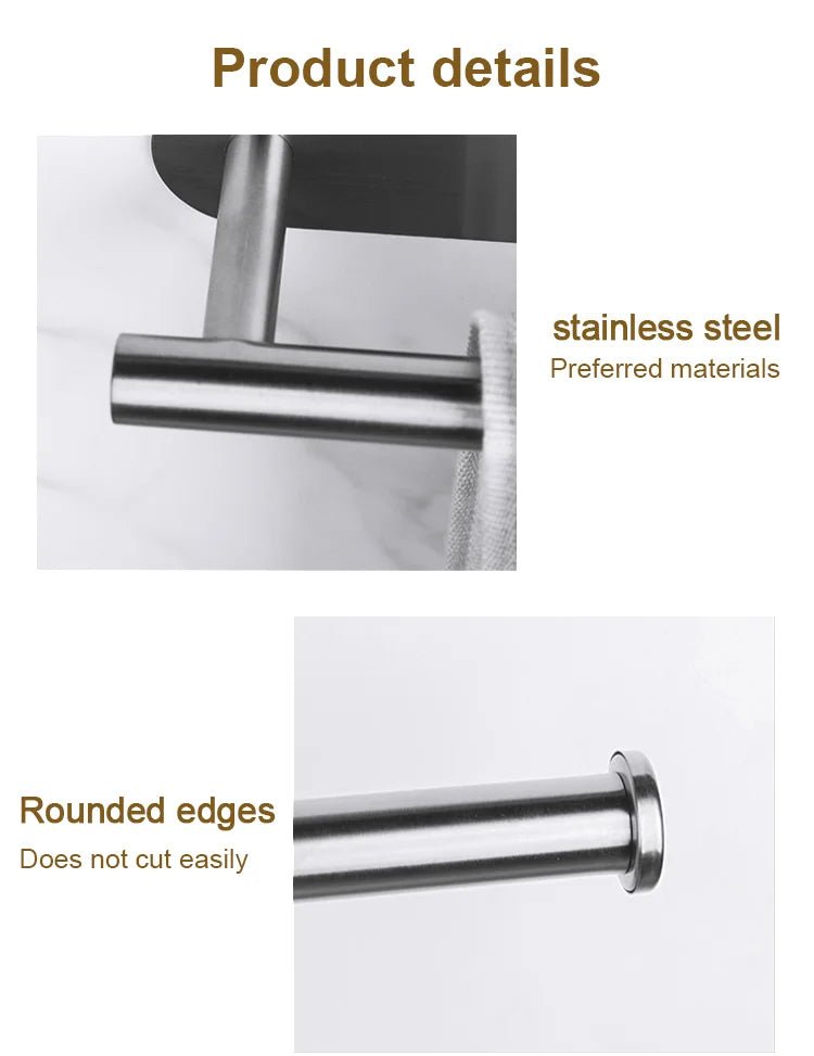 Two stainless steel self-adhesive toilet paper towel holders mounted on a wall, kitchen hooks for roll paper storage, punch-free design.