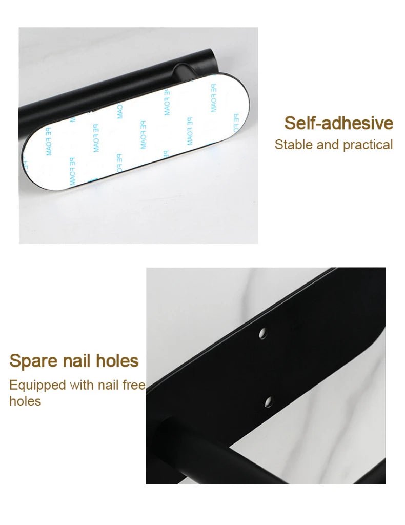Stainless steel self-adhesive toilet paper and towel holder, wall-mounted kitchen hook for roll paper storage.