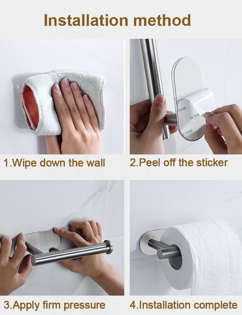Stainless steel self-adhesive toilet paper and towel holder, wall-mounted kitchen storage hook, punch-free design.
