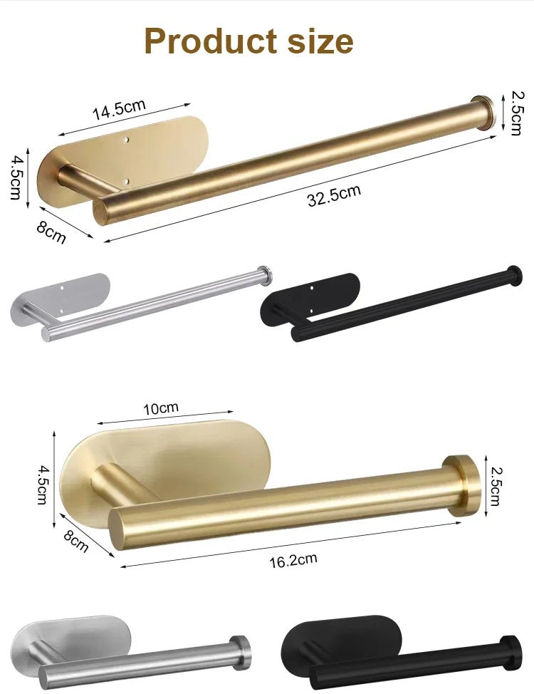 Stainless steel self-adhesive toilet paper and towel holder, wall-mount kitchen hook for roll paper storage, no punching needed.