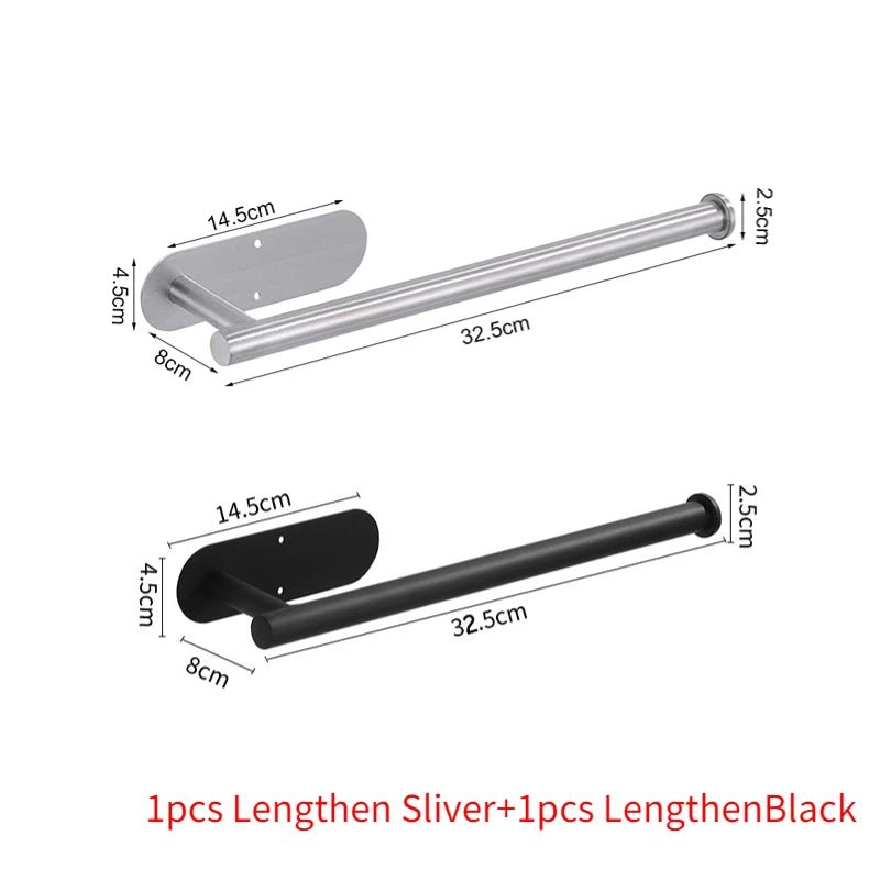 Stainless steel self-adhesive toilet paper and towel holder mounted on wall, kitchen hook storage, no drilling required.