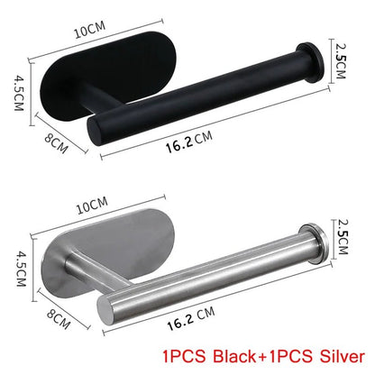 Stainless steel self-adhesive toilet paper and towel holder with wall mount, kitchen hook, and roll paper storage.