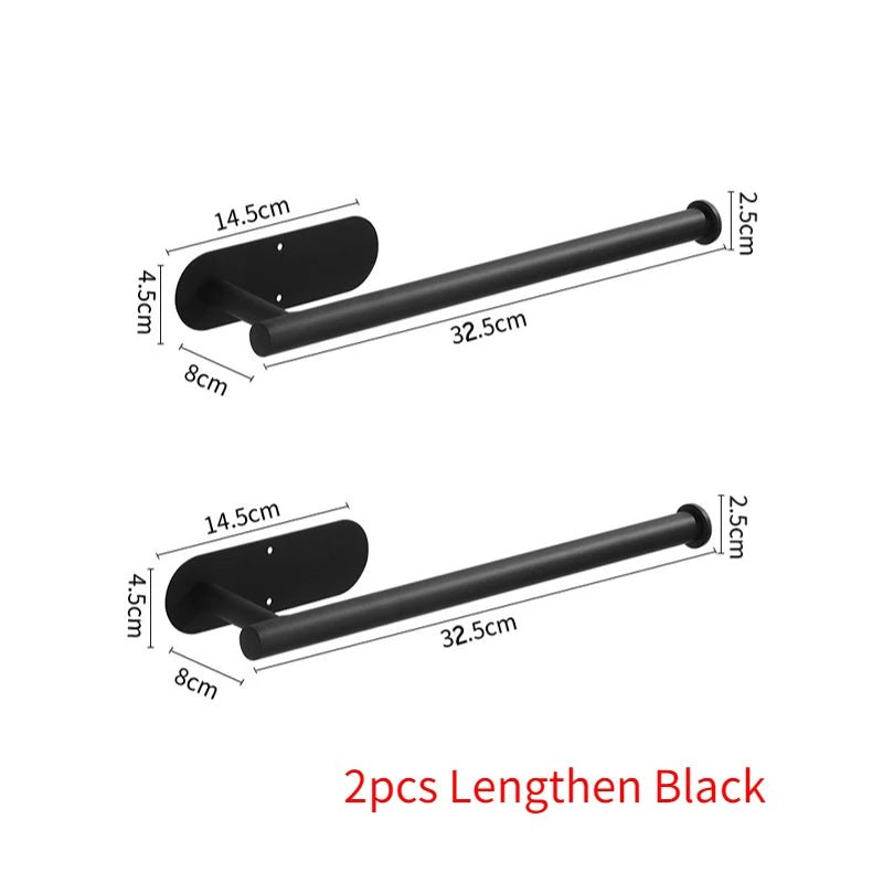 Stainless steel self-adhesive toilet paper and towel holder mounted on wall, perfect for kitchen or bathroom storage.