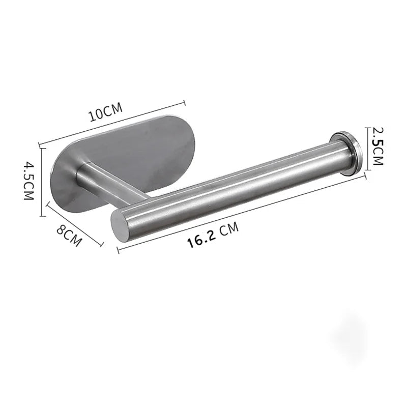 Stainless steel self-adhesive toilet paper and towel holder, wall-mounted kitchen hook, punch-free roll paper storage.