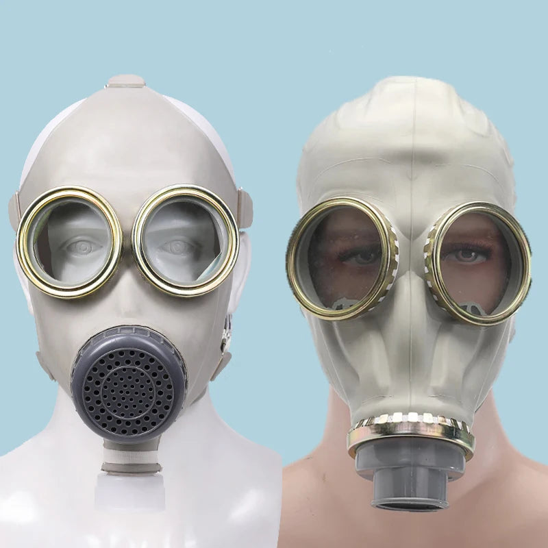 Full face industrial gas mask with filters and connecting pipe, designed for chemical, paint, and dust protection in workplace safety.
