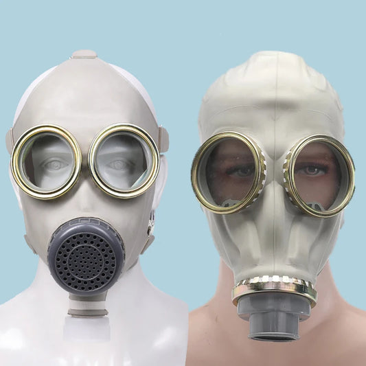 Full face industrial gas mask with filters and connecting pipe, designed for chemical, paint, and dust protection in workplace safety.