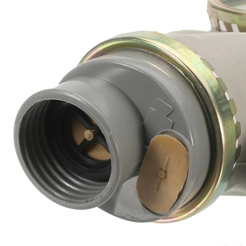 Full face gas mask with filters and connecting pipe, industrial safety respirator for chemical, dust, and paint fumes.