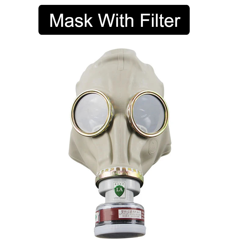 Full face industrial gas mask with filters, connecting pipe, and protective design for chemical, paint, and dust safety.