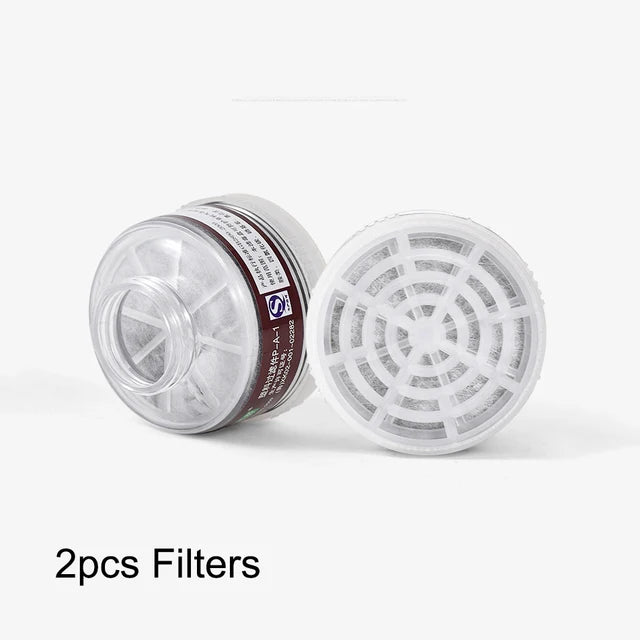 Industrial safety full face gas mask with filters, chemical breathing mask for paint dust and workplace safety, includes connecting pipe.