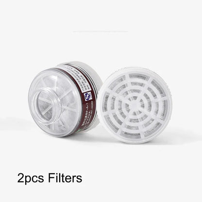 Industrial safety full face gas mask with filters, chemical breathing mask for paint dust and workplace safety, includes connecting pipe.