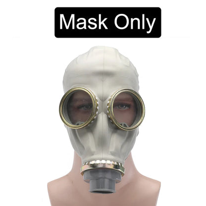 Industrial safety full face gas mask with filters, connected pipe, for chemical, paint, and dust protection in workplace safety.