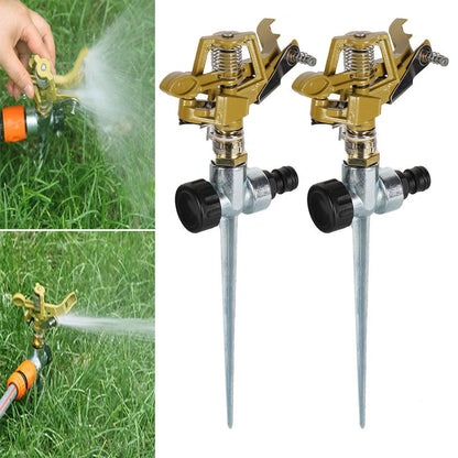 Two 360° rotation garden sprinklers for automatic irrigation, watering lawns, farms, greenhouses, and garden plants.