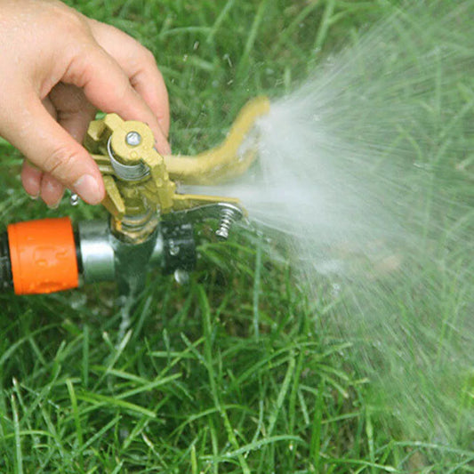 Two BackupMyFilesNow.com garden sprinklers rotating 360° for automatic irrigation of lawns, farms, greenhouses, and plants.