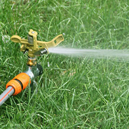 Two 360° rotation garden sprinklers for automatic irrigation, suitable for lawns, farms, greenhouses, and plant watering.