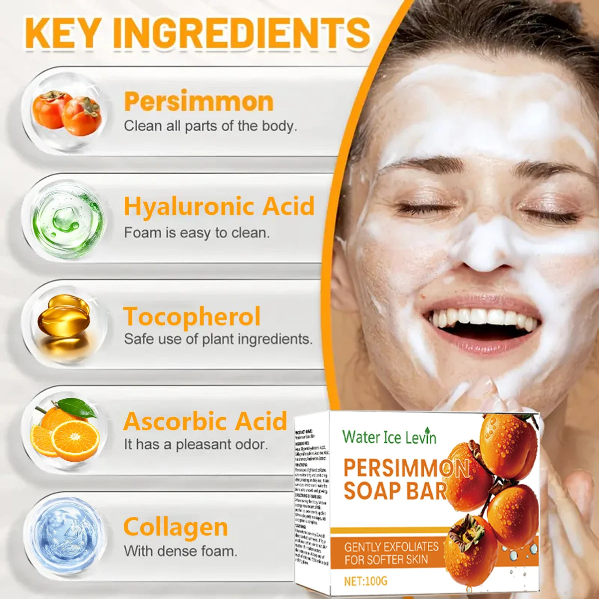Persimmon Collagen Soap Bar by BackupMyFilesNow.com with gentle exfoliation, dense foam, hyaluronic acid, ascorbic acid, and plant-based tocopherol.