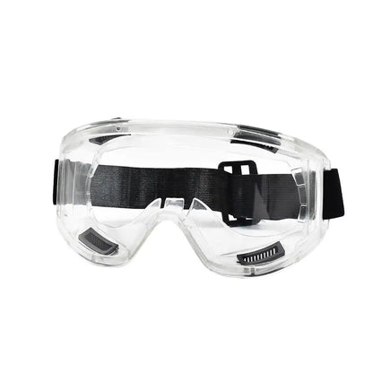 Pair of clear lens safety goggles from BACKUPMYFILESNOW.COM® with dust-proof and anti-splash protective eyewear for lab or industrial use.