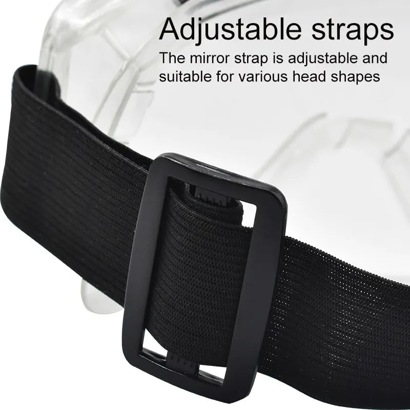 Pair of clear lens safety goggles by BACKUPMYFILESNOW.COM® with anti-splash dust-proof design for industrial lab eye protection.