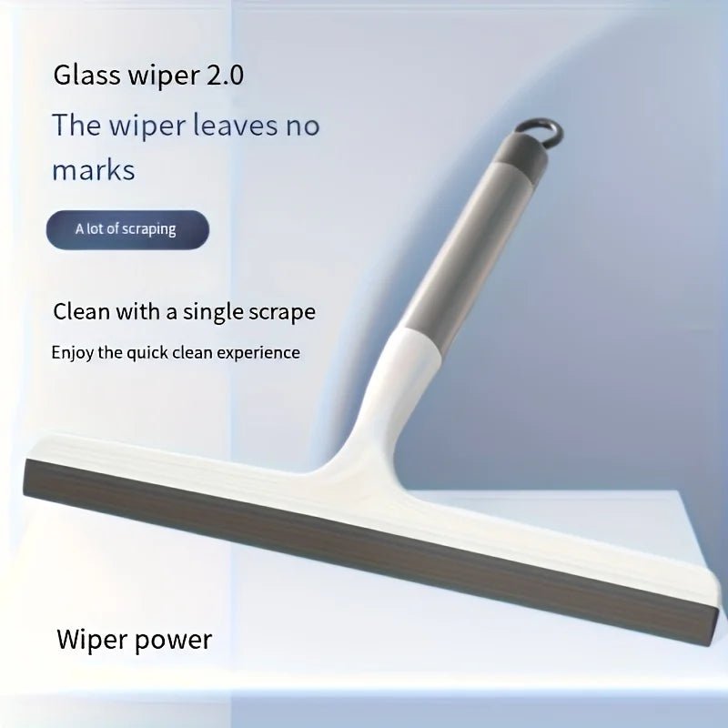 Two silicone shower scrapers by BACKUPMYFILESNOW.COM® for bathroom cleaning, glass, floors, and windows, household water wipers.