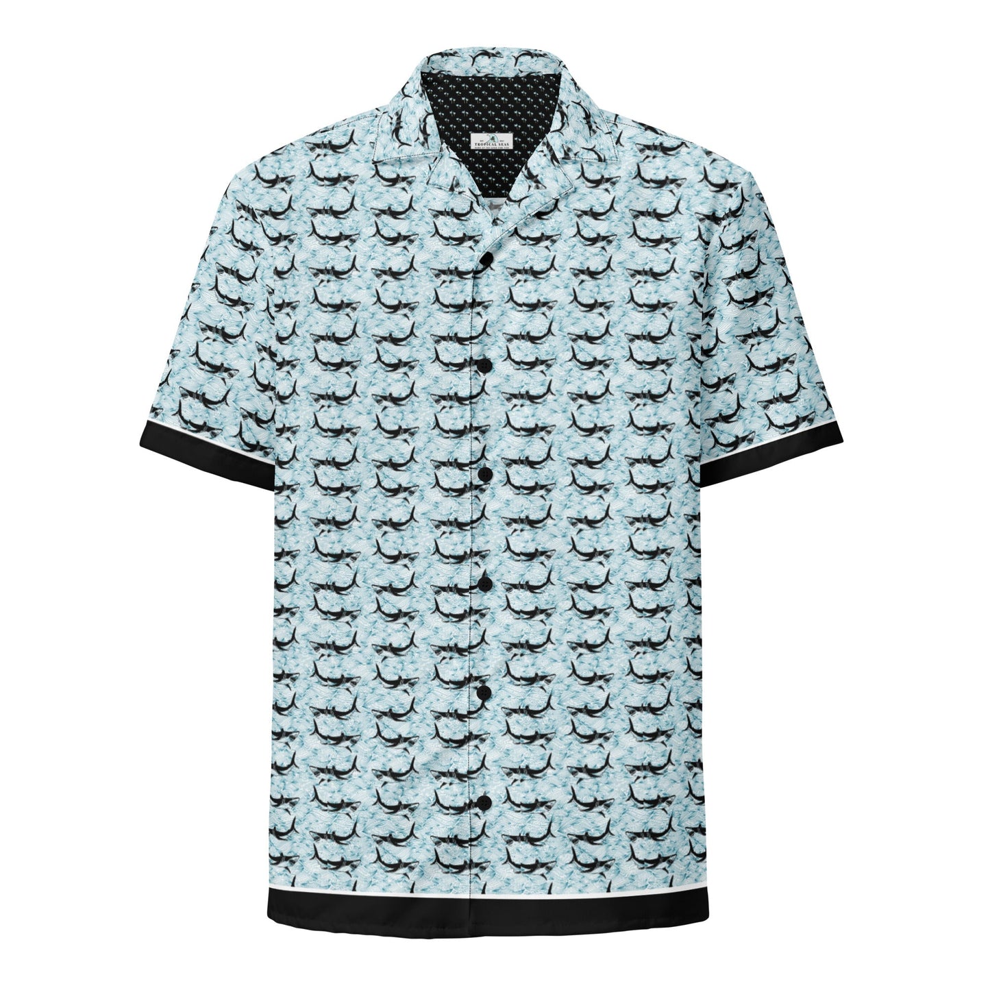 Shark Frenzy button-up shirt from BACKUPMYFILESNOW.COM® featuring a shark print design and classic collar.