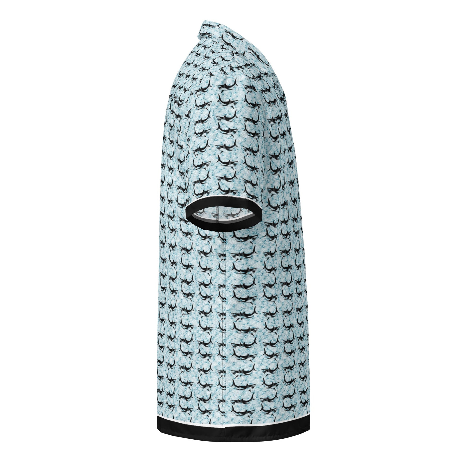 Shark Frenzy button-up shirt by BACKUPMYFILESNOW.COM® featuring a shark print design on a casual long-sleeve shirt.