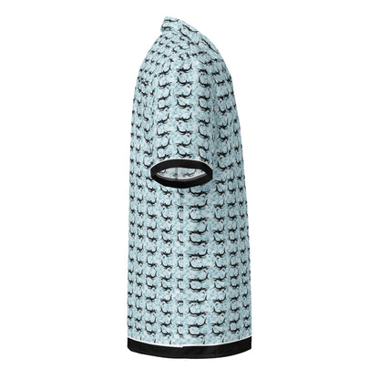 Shark Frenzy button-up shirt by BACKUPMYFILESNOW.COM® featuring a shark print design on a casual long-sleeve shirt.