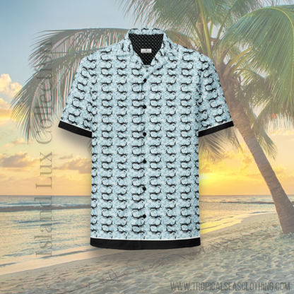 Shark Frenzy button shirt by BACKUPMYFILESNOW.COM® featuring a playful shark print on a casual button-up shirt.