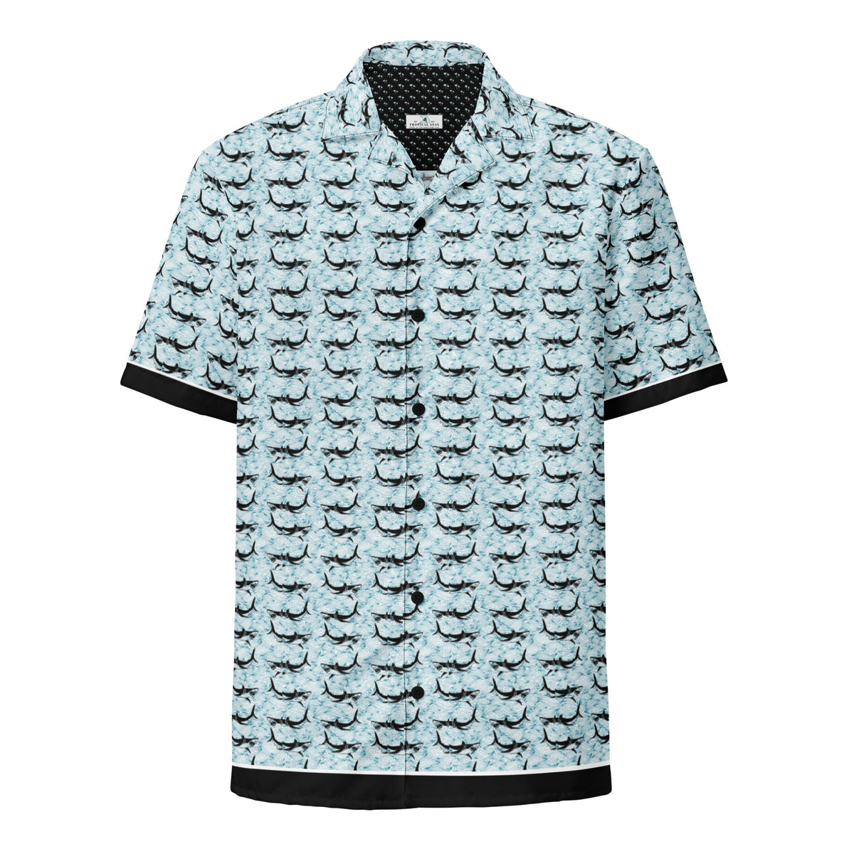 Shark Frenzy button-up shirt by BACKUPMYFILESNOW.COM® featuring a shark print design on lightweight fabric