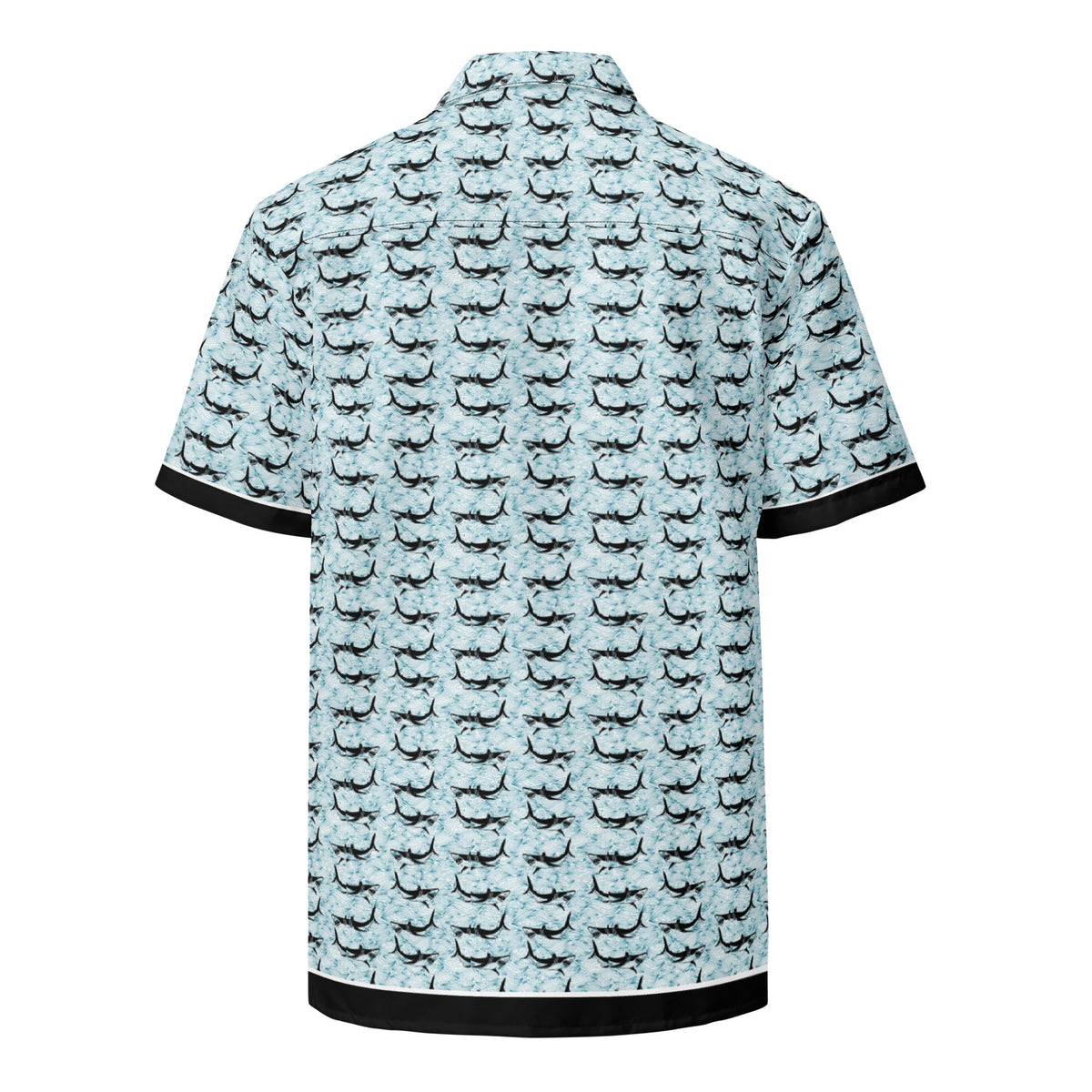 Shark Frenzy button-up shirt by BACKUPMYFILESNOW.COM® featuring a shark print design, long sleeves, and classic collar.