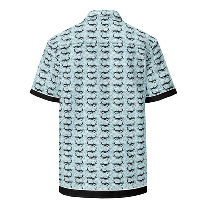 Shark Frenzy button-up shirt by BACKUPMYFILESNOW.COM® featuring a shark print design, long sleeves, and classic collar.