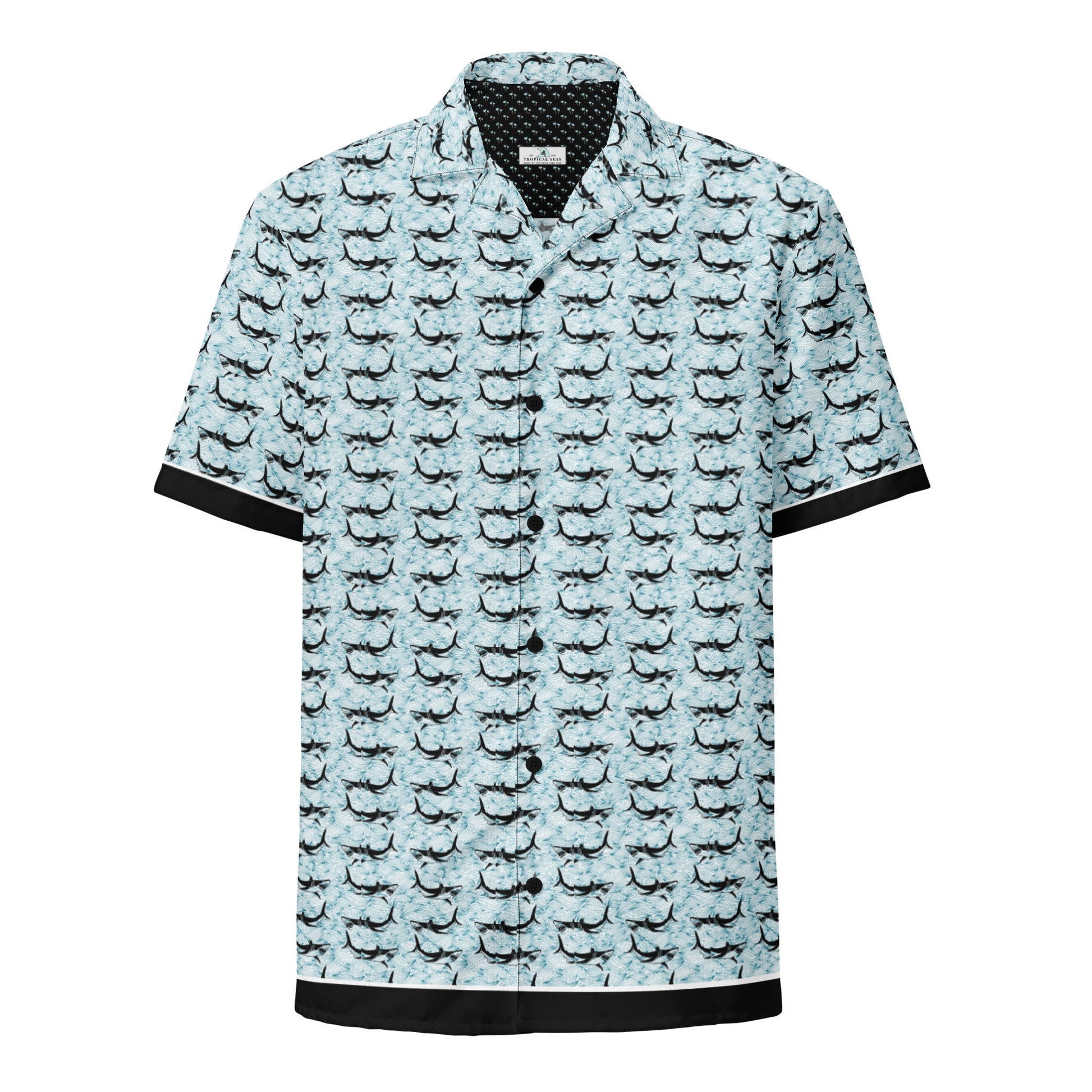 Shark Frenzy button-up shirt by BACKUPMYFILESNOW.COM® featuring a shark print design on a casual shirt.