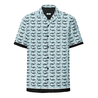 Shark Frenzy button shirt by BACKUPMYFILESNOW.COM® featuring a shark pattern, long sleeves, and classic collar on a white background.