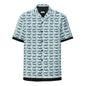 Shark Frenzy button-up shirt by BACKUPMYFILESNOW.COM® featuring a shark pattern on a casual men's shirt.